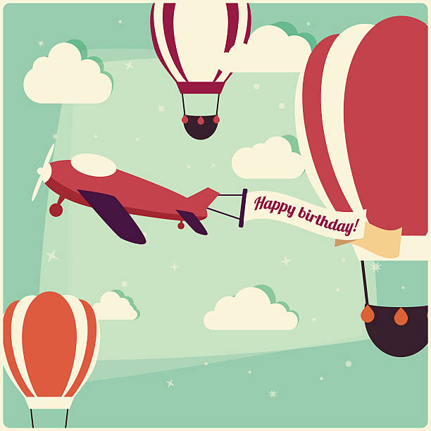 ilustrações de stock, clip art, desenhos animados e ícones de fundo de aniversário balões de ar quente e um avião - birthday airplane sky anniversary