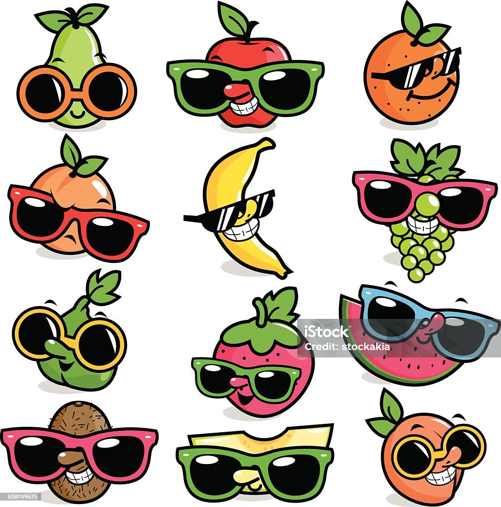Cartoon fruits wearing sunglasses collection Vector illustration set of funny cartoon fruits wearing sunglasses.  Anthropomorphic stock vector