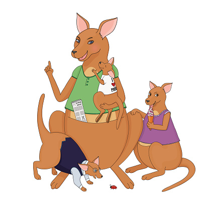 Illustration of pointing with a finger kangaroo mother with her children