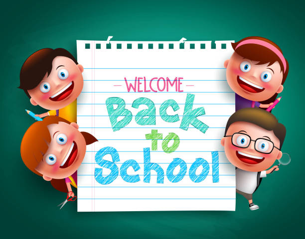 Back to school colorful  text  with funny kids vector characters Back to school colorful  text written in paper with funny kids vector characters holding school items. Vector illustration fun school background stock illustrations