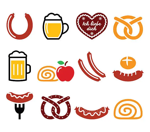 Vector illustration of German, Octoberfest food - sausage, curry wurst, beer, pretzel, strudel