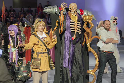  Brno, Czech Republic - April 30, 2016: Cosplayer dressed as character Momonga from Overlord anime series poses during cosplay contest    at Animefest on April 30, 2016 Brno, Czech Republic