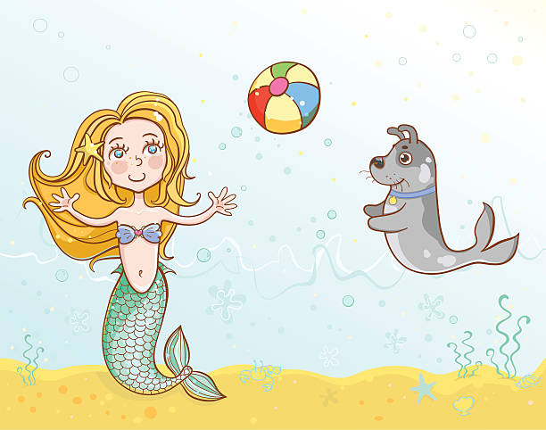 Little mermaid playing ball with her pet dog vector art illustration