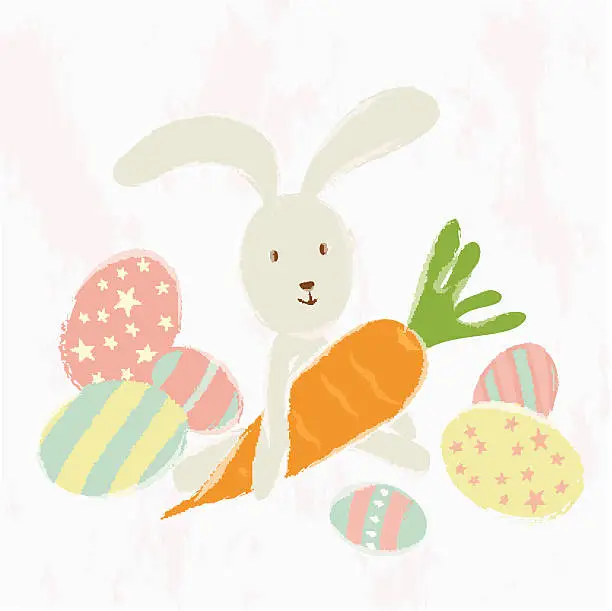 Vector illustration of Easter bunny with carrot and decorated eggs.