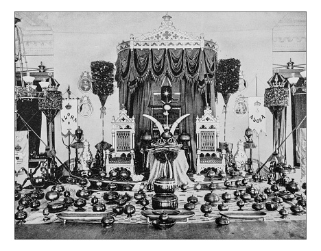 Antique photograph of the throne room of  ʻIolani Palace (Honolulu, Hawaii, USA) as it was at the end of 19th century, shortly after the ...of the Hawaiian monarchy. The 19th century palace is a listed building (U.S. National Register of Historic Places), one of the U.S. National Historic Landmark and it can be considered the hallmark of Hawaiian renaissance architecture, built in American Florentine architectural style. Here the throne room features rich decorations and artifacts. 