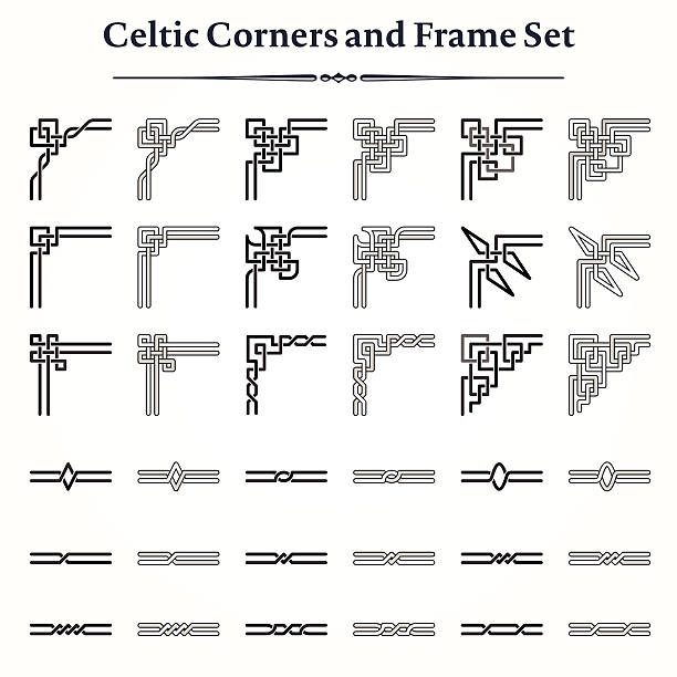 Set of Celtic Corners and Frames Set of decorative Celtic corners and borders models. Choose the corners and the borders to create your own frames. Easy to recolor and assemble. 16 style of corners and 18 style of border lines. medieval stock illustrations