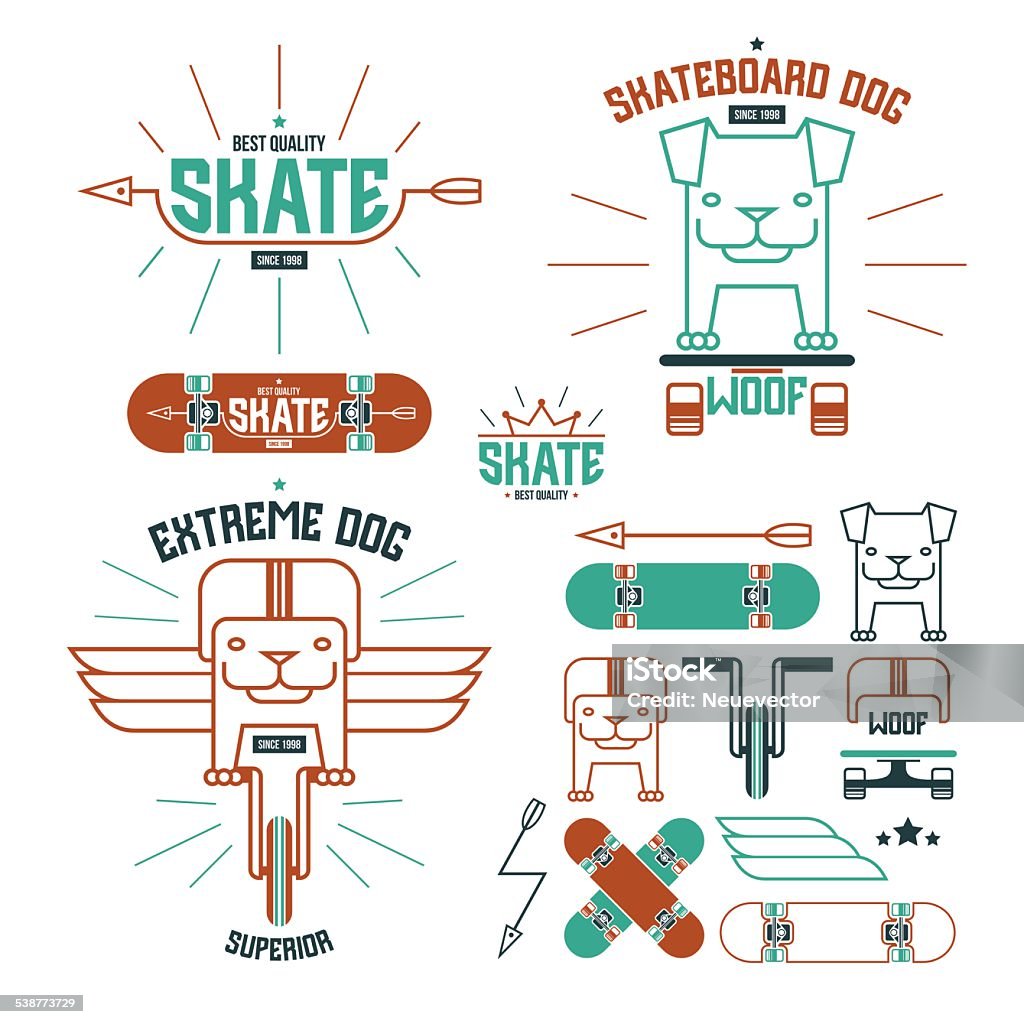 Skateboard dog emblems and icons Skateboard dog emblems and icons. Graphic design for t-shirt. Color print on white background Animal Wing stock vector