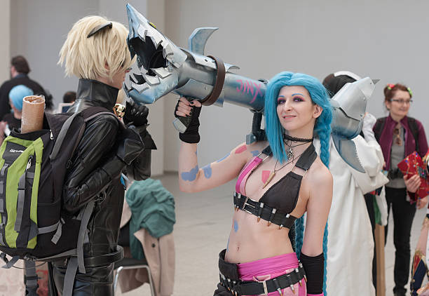 Cosplayer dressed as character Jinx from League of Legends stock photo