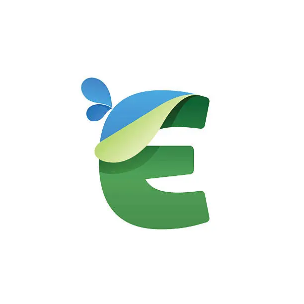 Vector illustration of E letter icon with blue drops and folded corner.