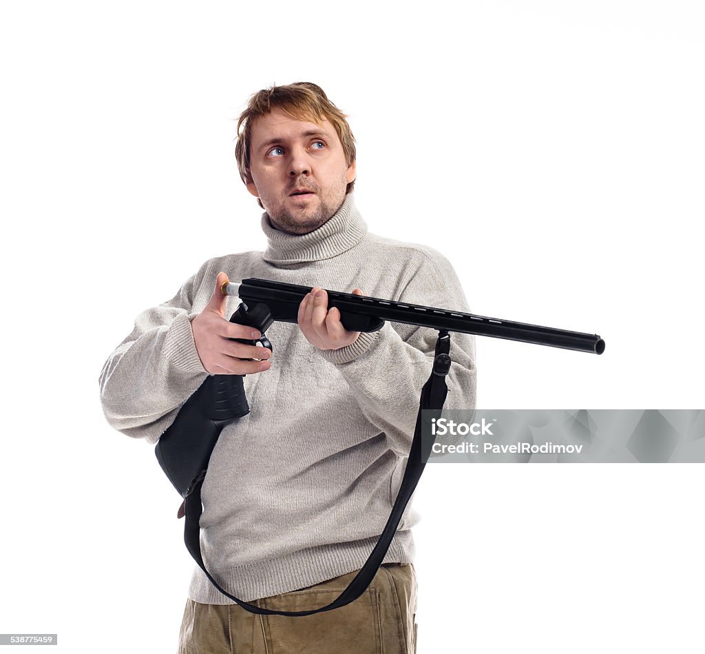 hunter charges the gun Portrait of  hunter isolated over white background 2015 Stock Photo