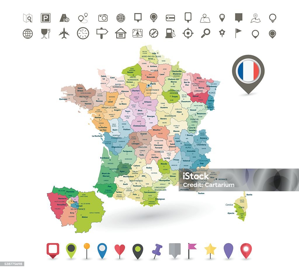 France map with flag and navigation icons France map with flag and navigation icons isolated on white. France stock vector