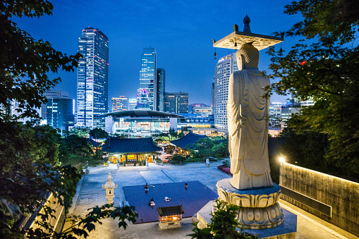 Bongeunsa Temple in Seoul - South Korea. Night view of the illuminated temple in the summer.