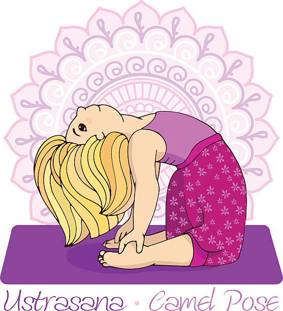 girl in Camel Pose with mandala background. Cartoon girl in Camel Pose with mandala background. Hand draw Illustration for Yoga kids. girl in Ustrasana. Cute girl doing yoga. Illustration for children yoga ustrasana stock illustrations