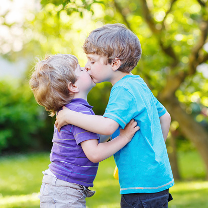 Two little blond sibling boys hugging and having fun outdoors, in home's garden. Cute friends playing together on sunny warm summer day. Brother love.