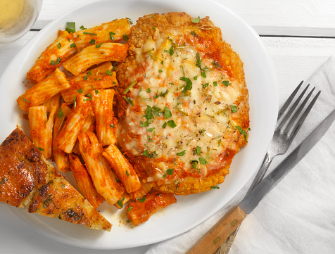 Chicken Parmesan with Pasta and Mozzarella Cheese- Photographed on a Hasselblad H3D11-39 megapixel Camera System