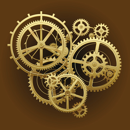 Gold gear wheels of clockwork in dark brown surface. Techno background. Vector illustration. EPS10. Contains transparent objects used for shadows drawing.