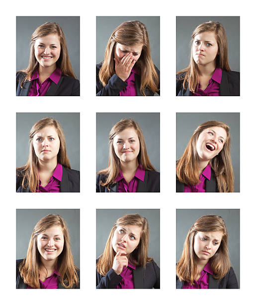 Woman with Various Personality, Character and Emotional Expressions Concept composite photos for personality, character and emotional expression. Head and shoulder portraits of a woman in business suit with various range of emotional expressions. From happiness to sadness, anger to joy, apprehension to confidence. Photographed and composited on a white background. personality test stock pictures, royalty-free photos & images