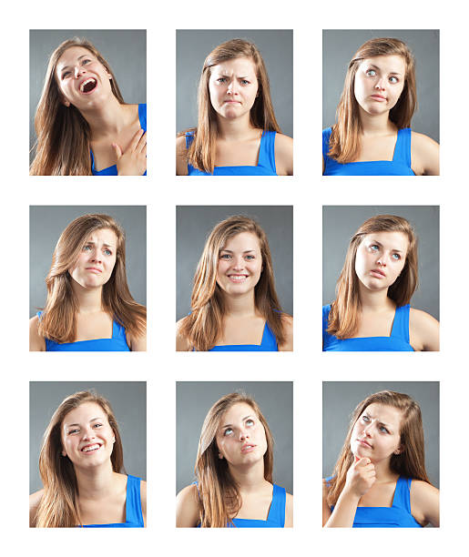 Woman with Various Personality, Character and Emotional Expressions Concept composite photos for personality, character and emotional expression. Head and shoulder portraits of a woman in a dress with various range of emotional expressions. From happiness to sadness, anger to joy, apprehension to confidence. Photographed and composited on a white background. morph transition stock pictures, royalty-free photos & images