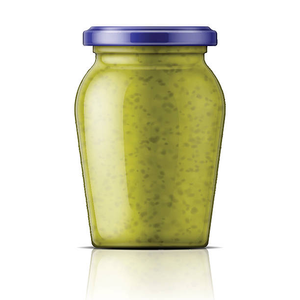 유리 병, 페스토 소스를 작은 종지에 담아 냅니다. - jar pesto sauce packaging food stock illustrations