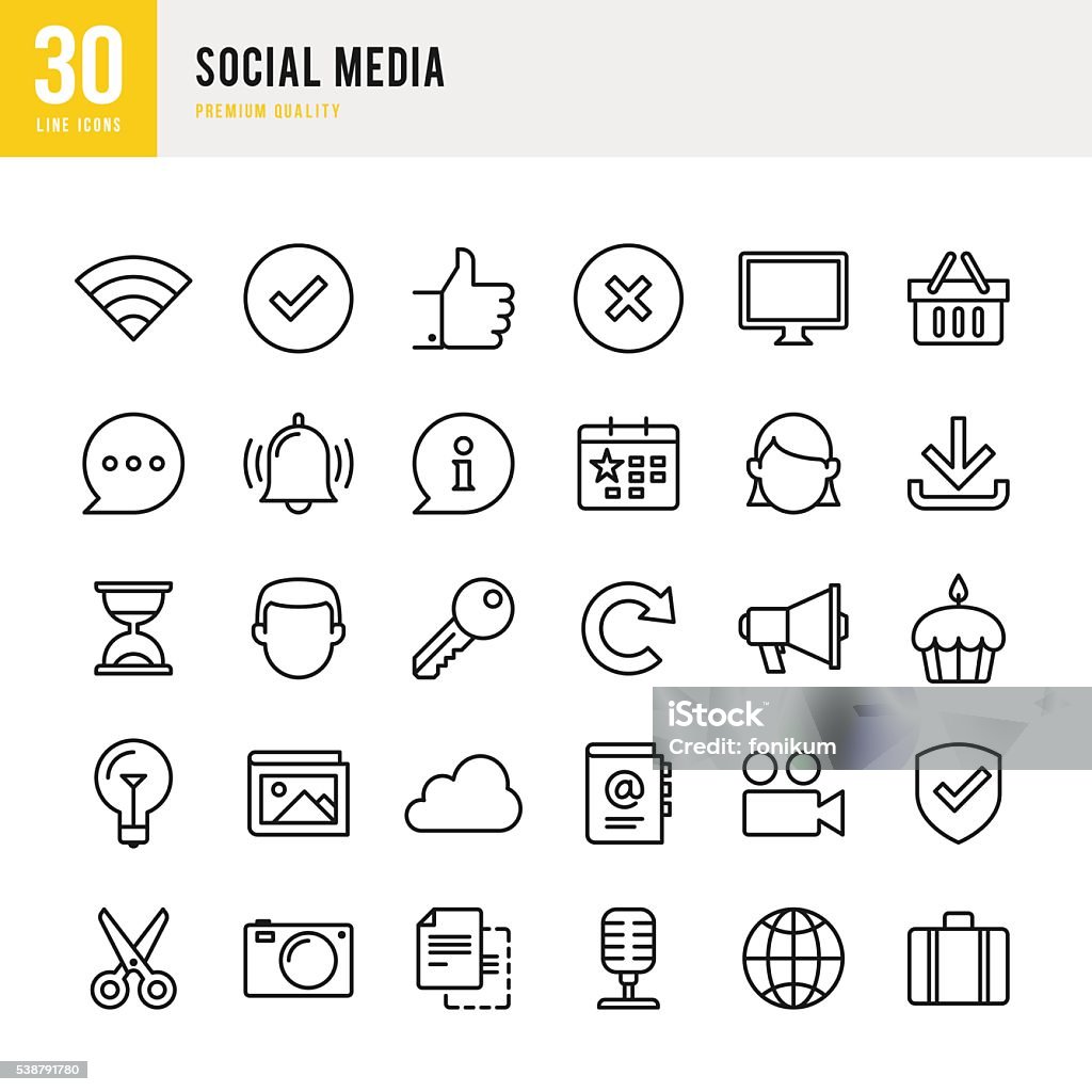 Social Media - Thin Line Icon Set Social Media set of 30 thin line vector icons. Icon Symbol stock vector