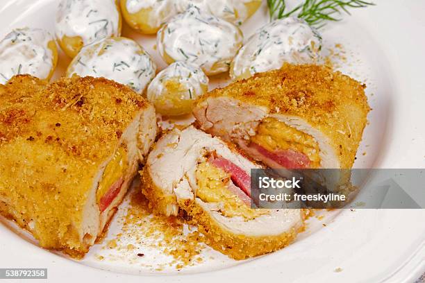 Chicken Breasts Stuffed With Cheese And Ham Stock Photo - Download Image Now - Backgrounds, Baked, Basil