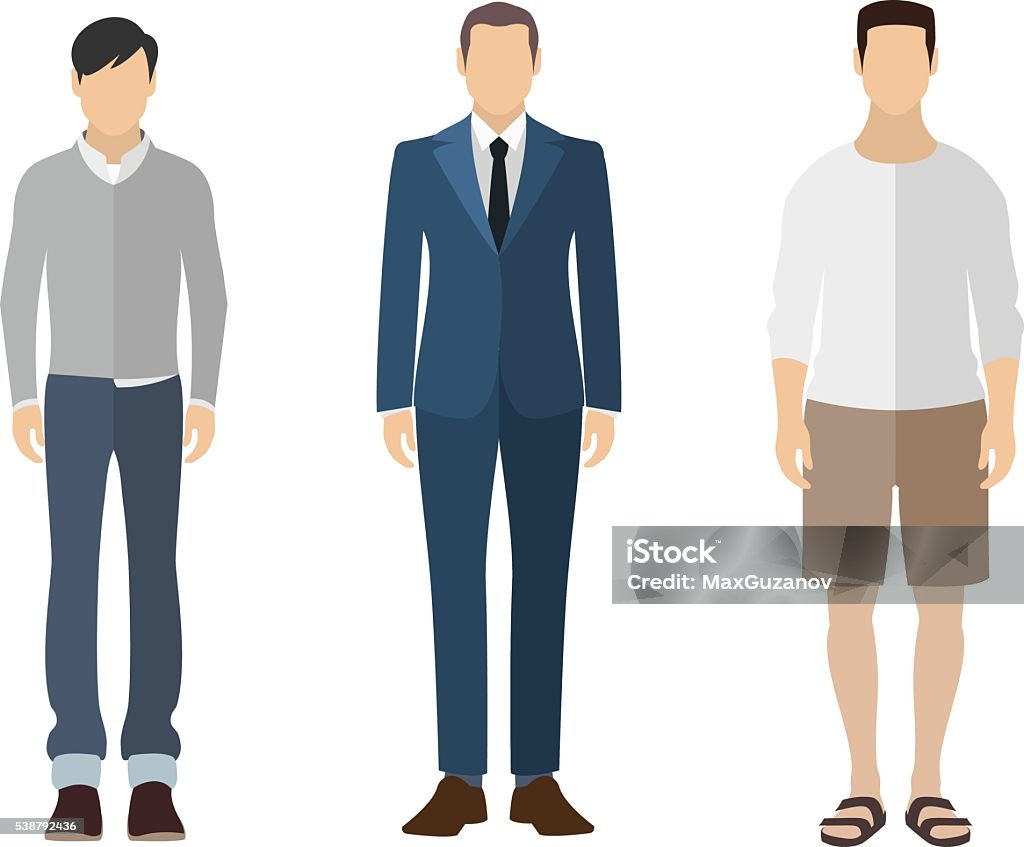 Man flat style icon people figures set Three men flat style icon people figures in different views like: man in casual dress, business man dress, pleasure clothes Business Casual stock vector