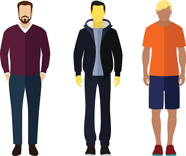 Man flat style icon people figures set Three men flat style icon people figures in different views like: man in casual dress, man in jacket, pleasure clothes business casual fashion stock illustrations