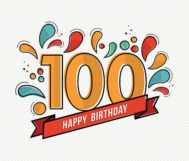 Color happy birthday number 100 flat line design Happy birthday number 100, greeting card for hundred year in modern flat line art with colorful geometric shapes. Anniversary party invitation, congratulations or celebration design. EPS10 vector. senior birthday card stock illustrations