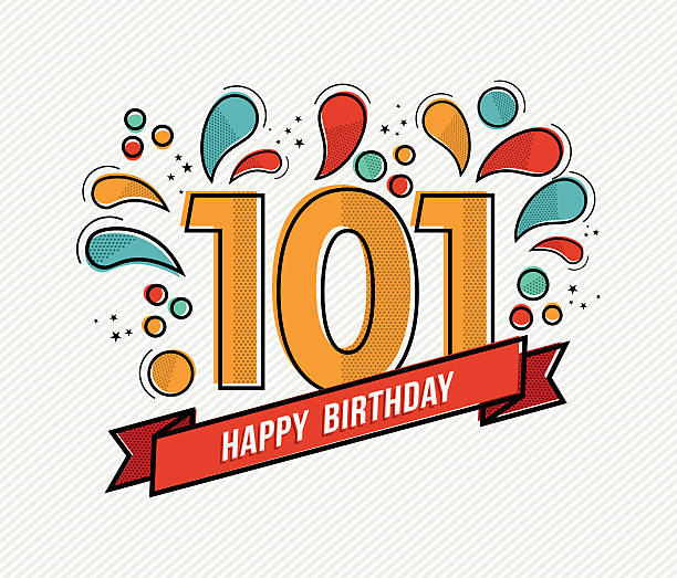Color happy birthday number 101 flat line design Happy birthday number 101, greeting card for hundred one year in modern flat line art with colorful geometric shapes. Anniversary party invitation, congratulations or celebration design. EPS10 vector. senior birthday card stock illustrations