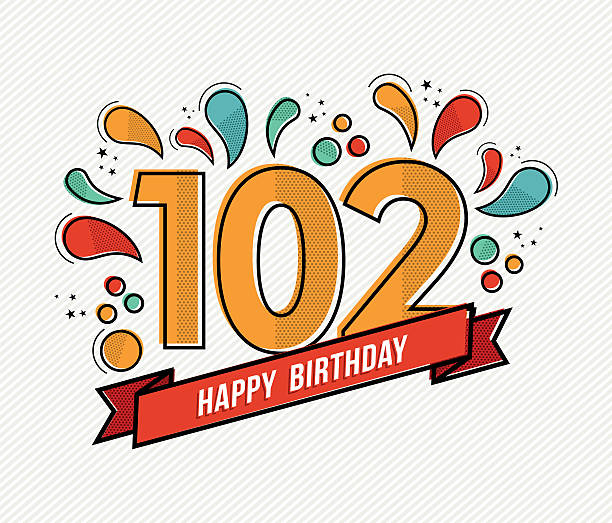 Color happy birthday number 102 flat line design Happy birthday number 102, greeting card for hundred two year in modern flat line art with colorful geometric shapes. Anniversary party invitation, congratulations or celebration design. EPS10 vector. senior birthday card stock illustrations
