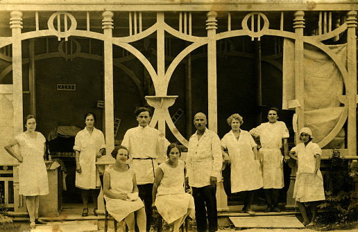 Vintage group restaurant workers,Caucasus,circa 1912.