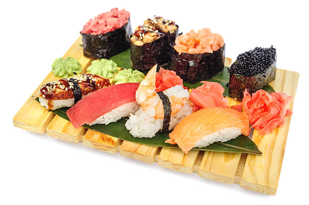 istock Sushi set of rolls on bamboo board 538797358