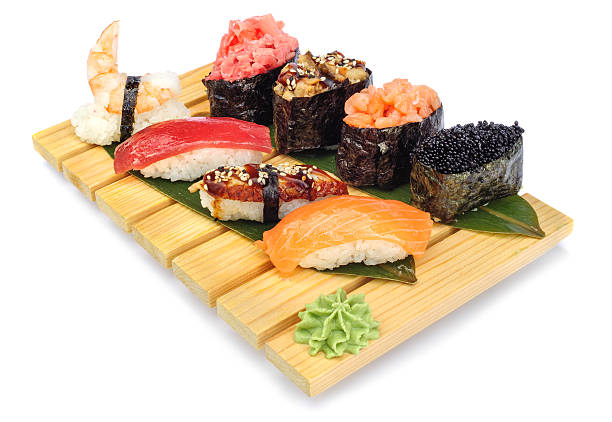 Sushi set of rolls on bamboo board
