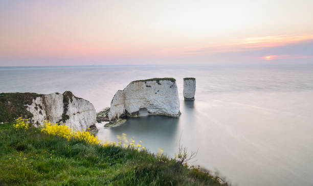 Aerial view of Old Harry Rocks on the Isle of Purbeck in Dorset, England