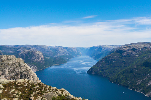Stunning view of the Lysefjorden from Preikestolen or Prekestolen (Preacher's Pulpit or Pulpit Rock), in Forsand municipality in Rogaland county, Norway.