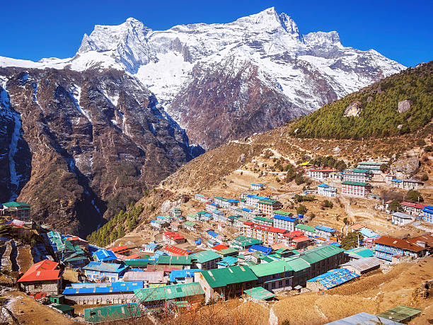 Namche Bazaar Village, Everest Region, Nepal Himalaya Namche Bazaar village on the way to Everest Base Camp in the Khumbu Region of Nepal. base camp photos stock pictures, royalty-free photos & images