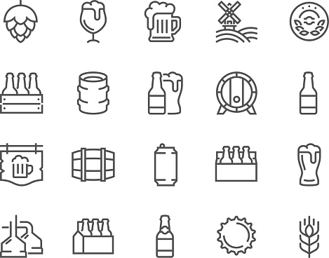 Simple Set of Beer Related Vector Line Icons. Contains such Icons as Barrel, Six-pack, Keg, Signboard, Mug, and more. Editable Stroke. 48x48 Pixel Perfect.