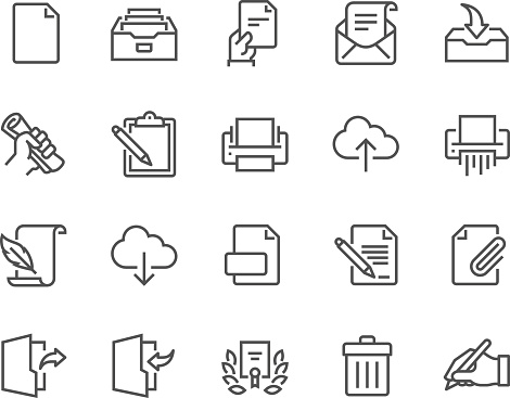 Simple Set of Document Related Vector Line Icons. Contains such Icons as Printer, Shredder, Legal Document, Archive, Handwriting and more. Editable Stroke. 48x48 Pixel Perfect.
