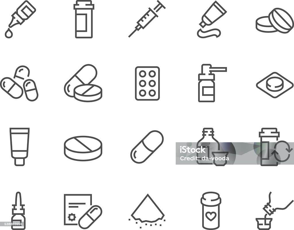 Line Pills Icons Simple Set of Pills Related Vector Line Icons. Contains such Icons as Gel, Inhaler, Prescription, Syrup and more. Editable Stroke. 48x48 Pixel Perfect. Icon Symbol stock vector