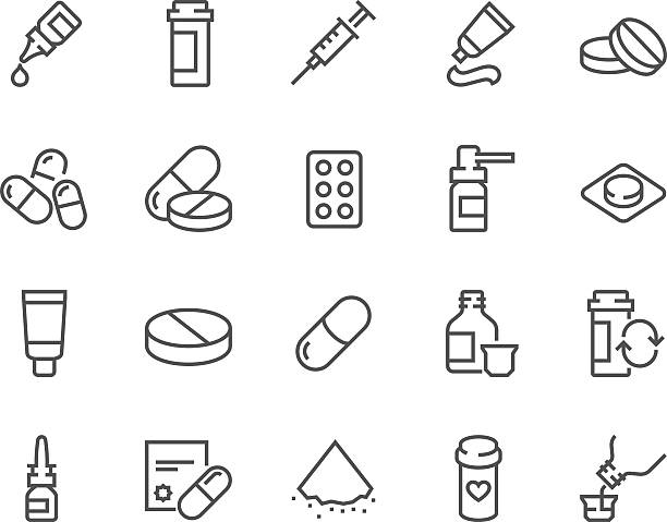 Line Pills Icons Simple Set of Pills Related Vector Line Icons. Contains such Icons as Gel, Inhaler, Prescription, Syrup and more. Editable Stroke. 48x48 Pixel Perfect. antibiotic stock illustrations