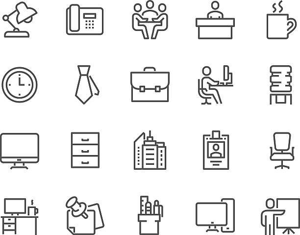 Line Office Icons Simple Set of Office Related Vector Line Icons. Contains such Icons as Business Meeting, Workplace, Office Building, Reception Desk and more. Editable Stroke. 48x48 Pixel Perfect. office work stock illustrations
