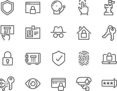 Simple Set of Security Related Vector Line Icons. Contains such Icons as Finger Print, Electronic key, Spy, Password, Alarm and more. Editable Stroke. 48x48 Pixel Perfect.