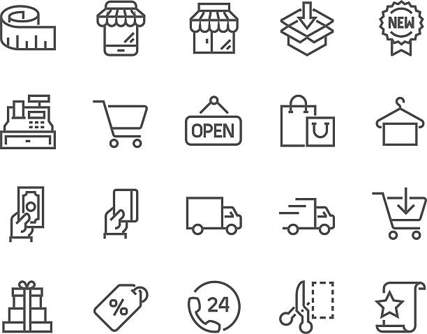 Line Shopping Icons Simple Set of Shopping Related Vector Line Icons. Contains such Icons as Mobile Shop, Payment Options, Sizing Guide, Starred, Delivery and more. Editable Stroke. 48x48 Pixel Perfect. e commerce paying buying sale stock illustrations