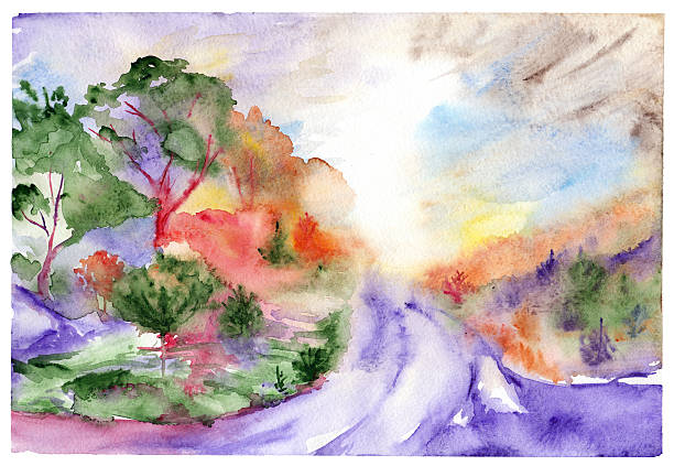 istock Watercolor violet road trees pines wood forest landscape 538803778
