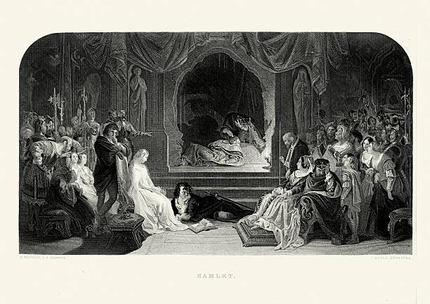Works of William Shakespeare - Hamlet Vintage engraving of a scene from the works of William Shakespeare. The Tragedy of Hamlet, Prince of Denmark, is a tragedy written by William Shakespeare. Set in the Kingdom of Denmark, the play dramatises the revenge Prince Hamlet is instructed to enact on his uncle Claudius. Steel engraving, 1870 william shakespeare stock illustrations