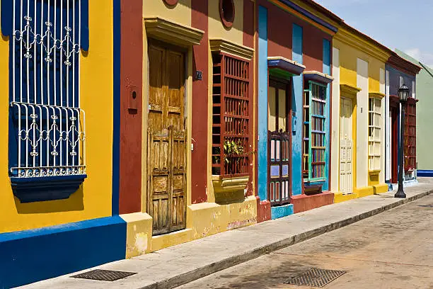 Carabobo street with colorful houses, Maracaibo, Zulia State, Venezuela