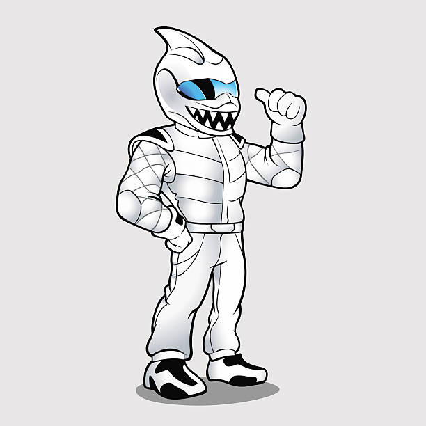 ilustraciones, imágenes clip art, dibujos animados e iconos de stock de tiburón casco piloto de coches de carrera - carrera-de-motos-de-velocidad