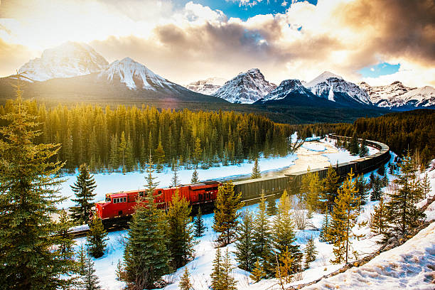 Canadian Pacific Railway Train through Banff National Park Canada Canadian Pacific Railway Train through Banff National Park in winter. Canada. canadian rockies photos stock pictures, royalty-free photos & images