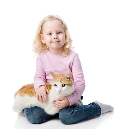 girl playing with cat. looking at camera. isolated on white background