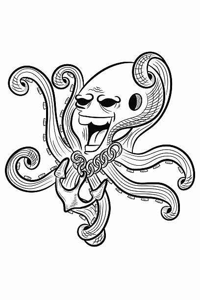 Cartoon octopus with an anchor hanging from the neck. Cartoon sea monster octopus, with a terrible expression. octopus giant octopus sea horror stock illustrations